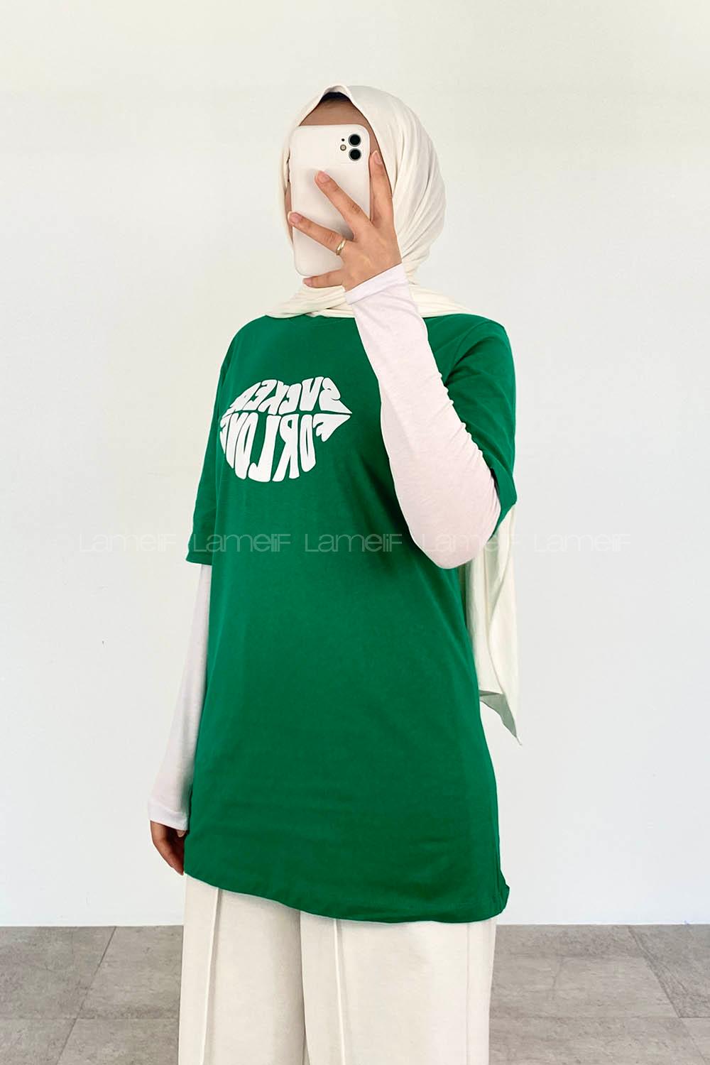 Green Crew Neck Short Arm Cotton Printed T-shirt
