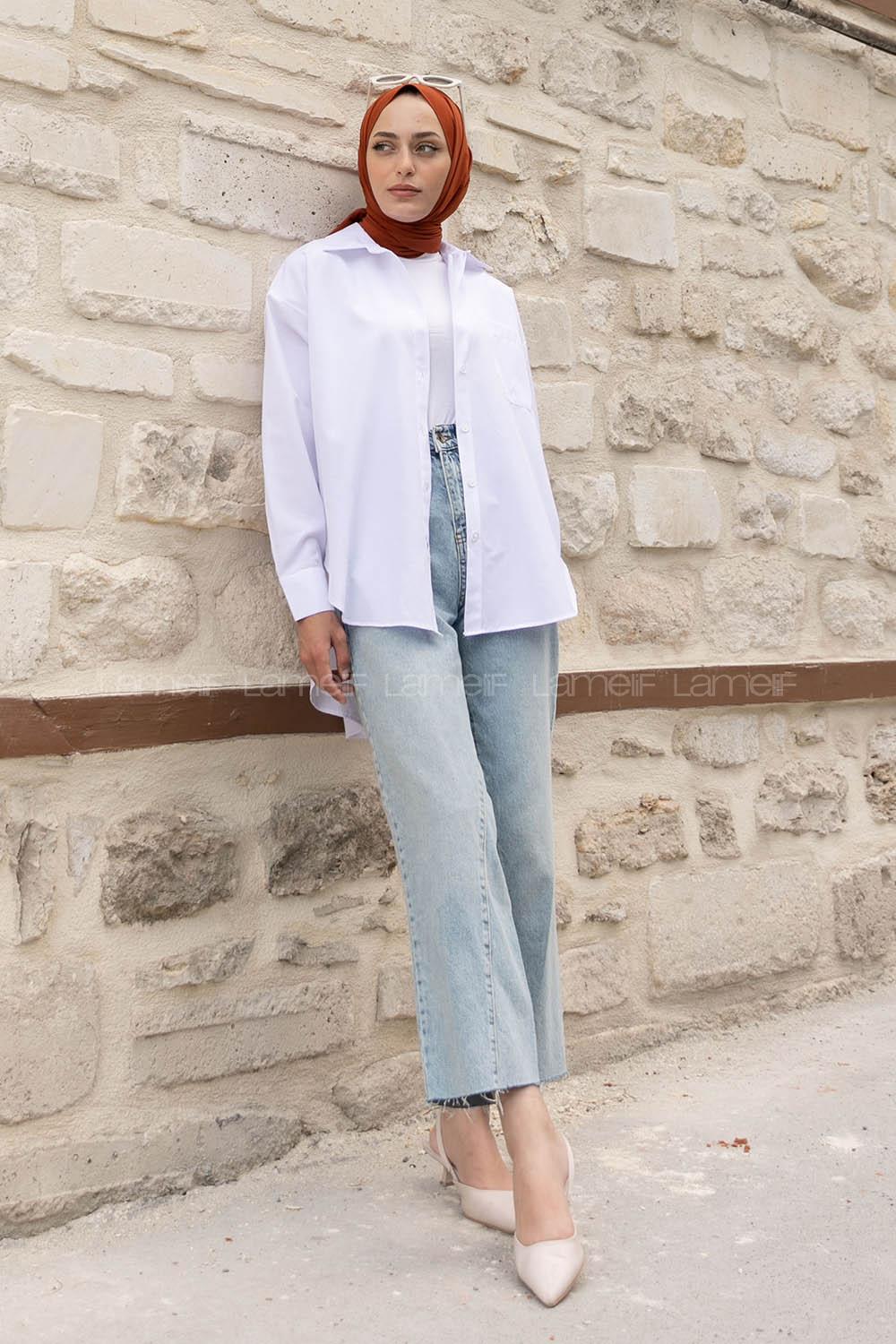 White Shirt Collar Long Arm Cotton Unprinted Shirt