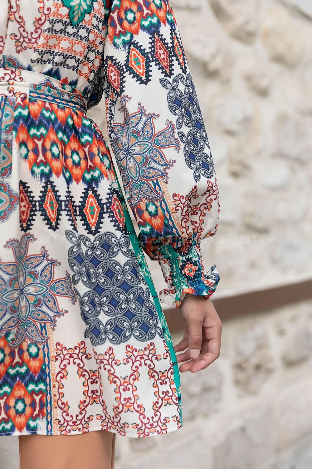 Ecru Orange Mandarin Collar Viscose Fabric Printed Tunic