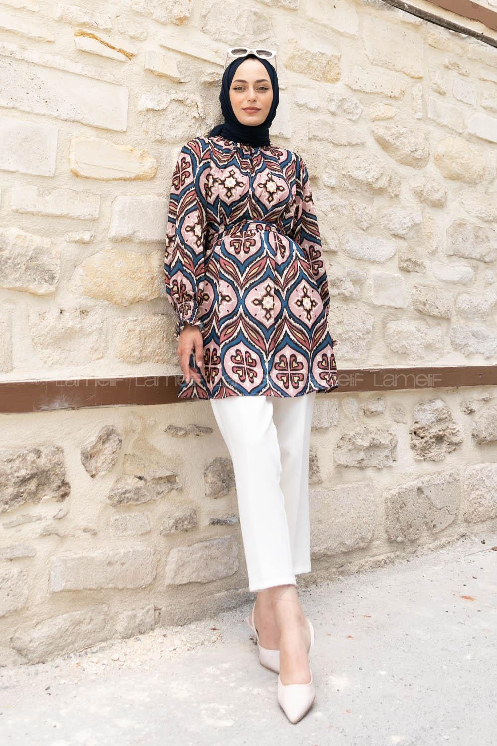 Indigo Powder Mandarin Collar Viscose Fabric Printed Tunic