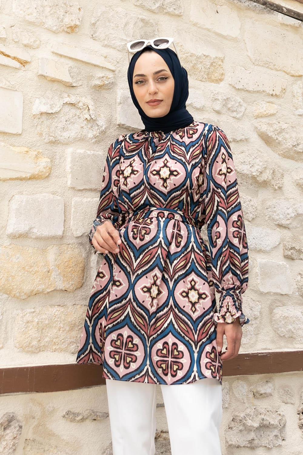 Indigo Powder Mandarin Collar Viscose Fabric Printed Tunic