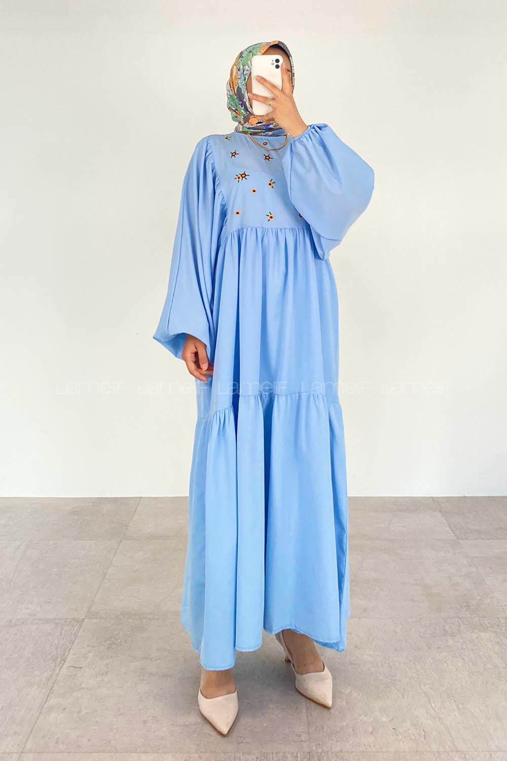 Light Blue Crew Neck Cotton Unprinted Dresess