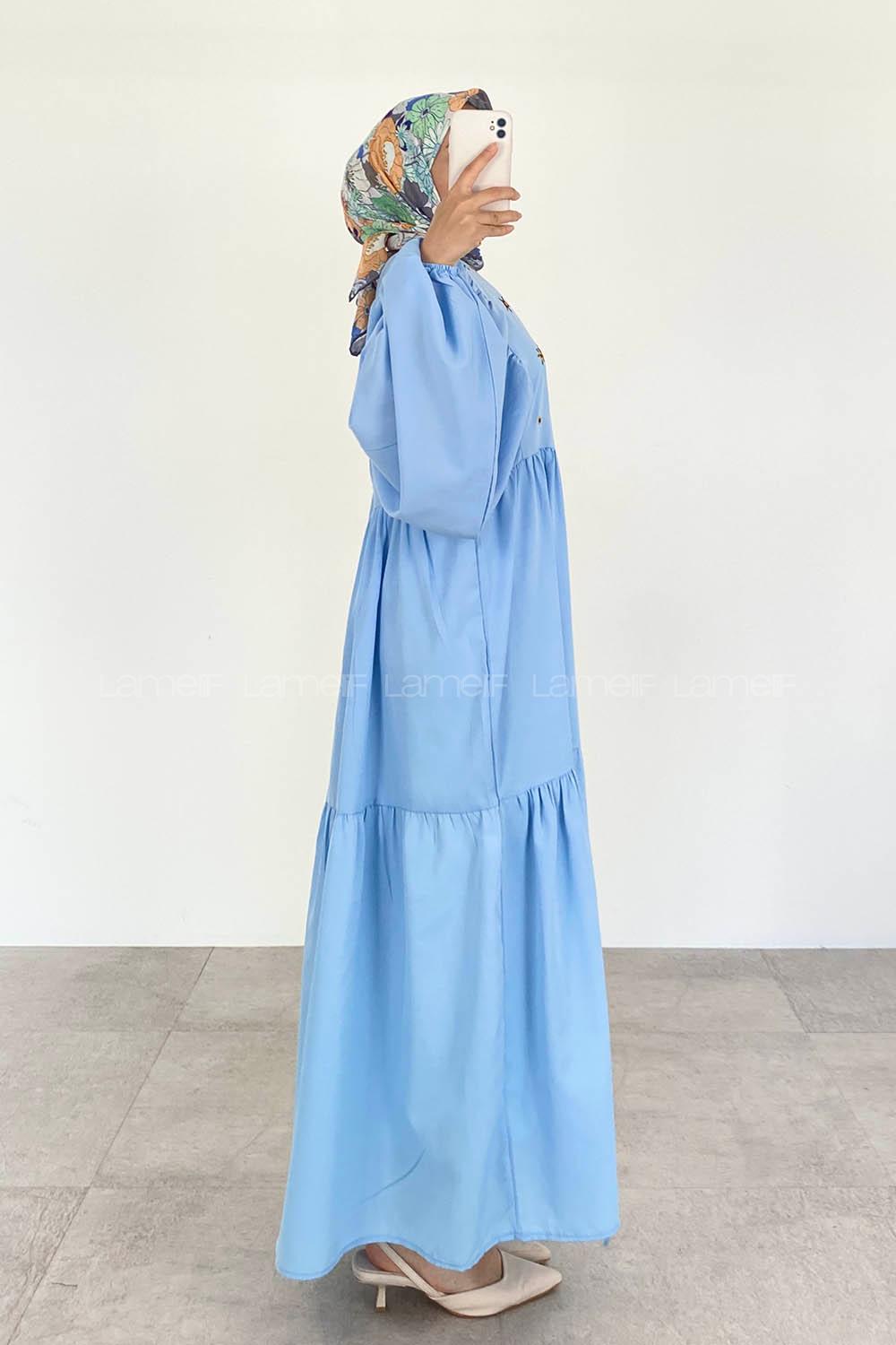 Light Blue Crew Neck Cotton Unprinted Dresess