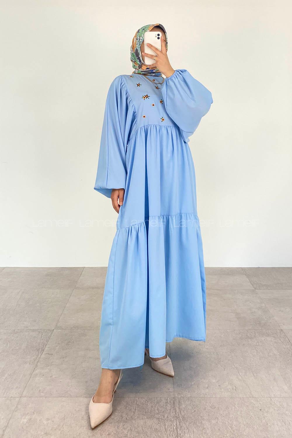 Light Blue Crew Neck Cotton Unprinted Dresess