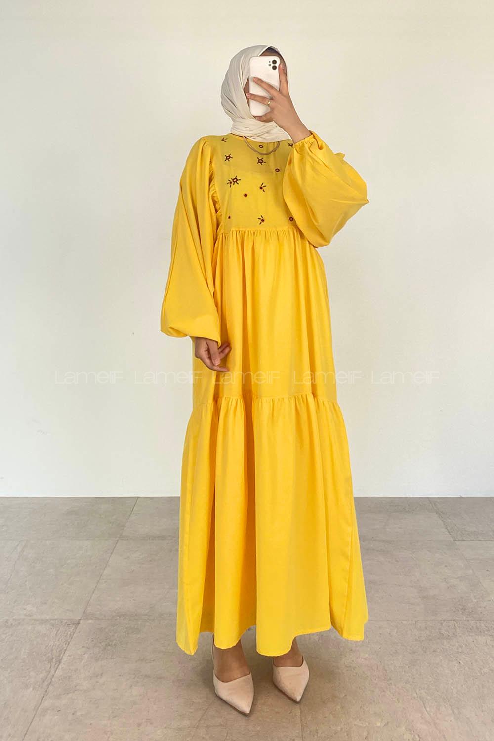 Yellow Crew Neck Cotton Unprinted Dresess