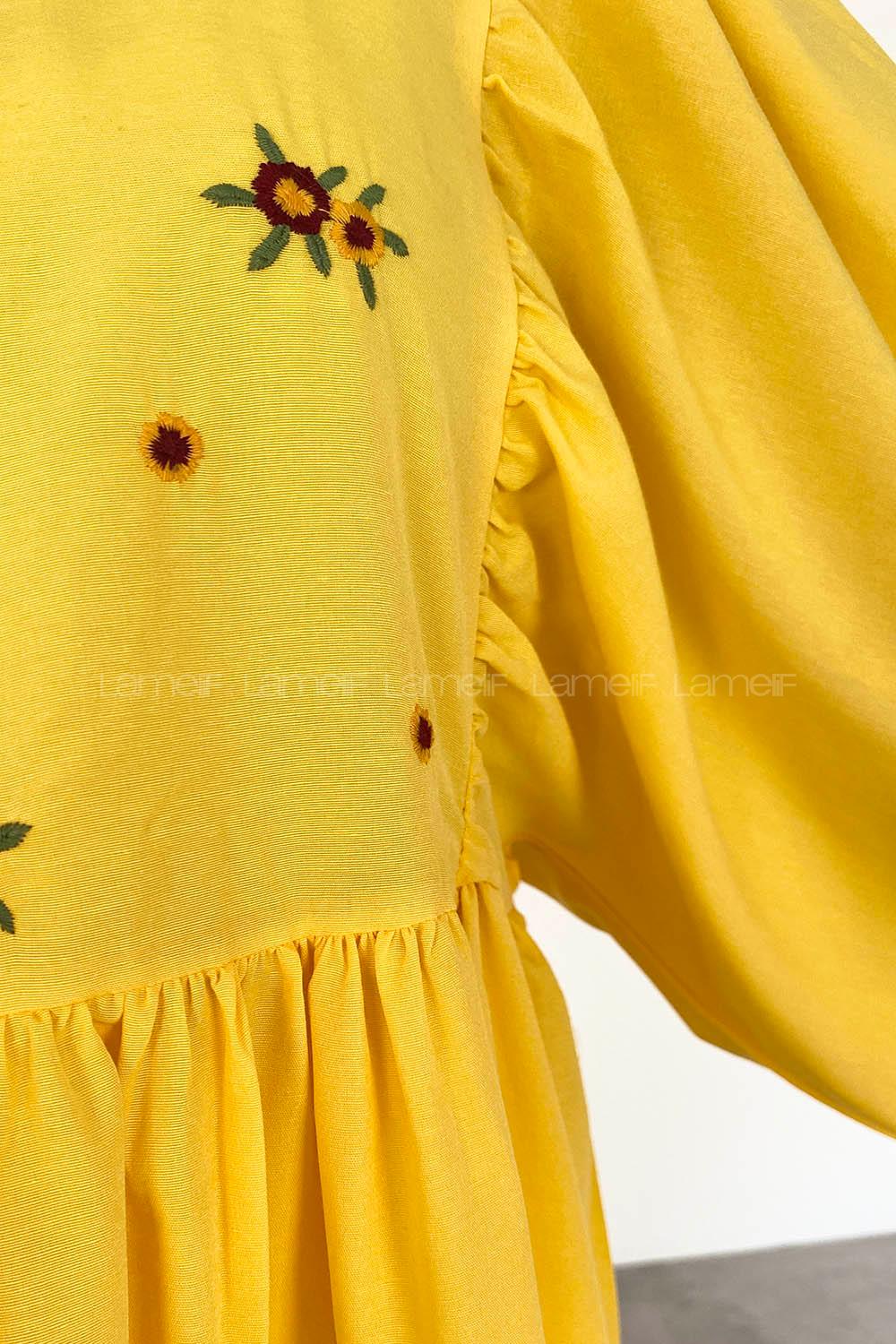 Yellow Crew Neck Cotton Unprinted Dresess