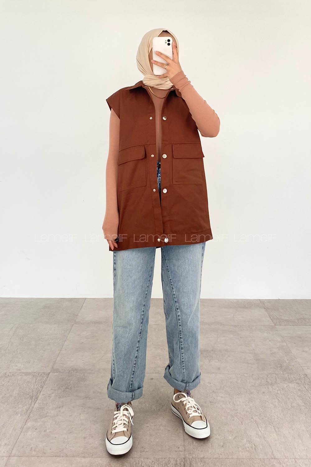 Bitter Brown Shirt Collar Zero Arm Without Accessories Cotton Unprinted Vest