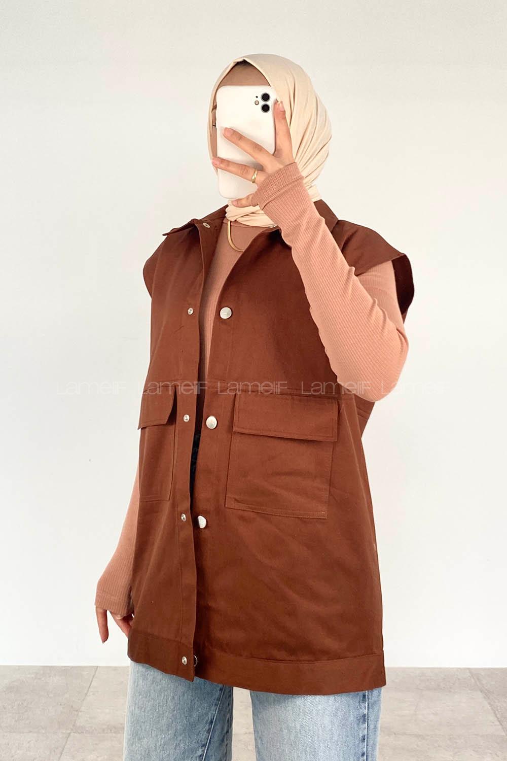 Bitter Brown Shirt Collar Zero Arm Without Accessories Cotton Unprinted Vest