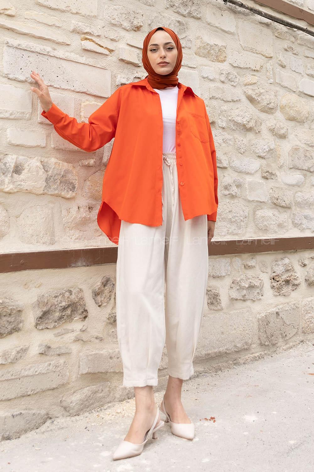 Orange Shirt Collar Long Arm Cotton Unprinted Shirt