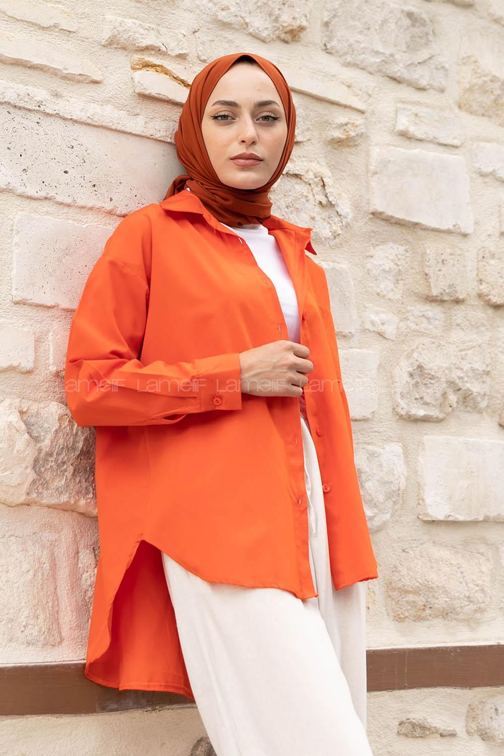 Orange Shirt Collar Long Arm Cotton Unprinted Shirt