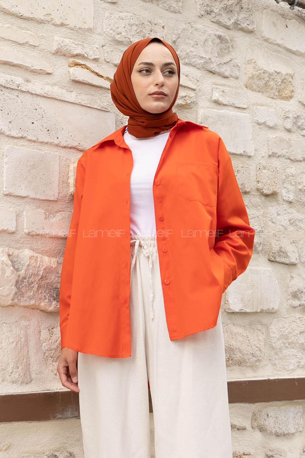 Orange Shirt Collar Long Arm Cotton Unprinted Shirt