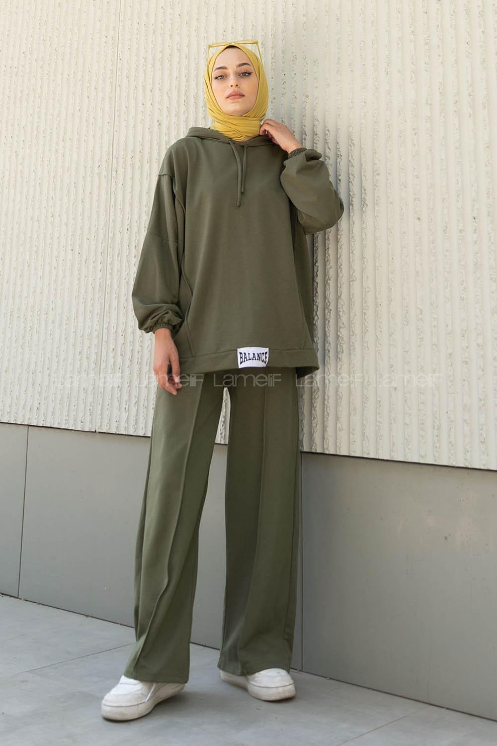 Lamelif Balance Armalı Çımalı İkili Tesettür Takım Haki