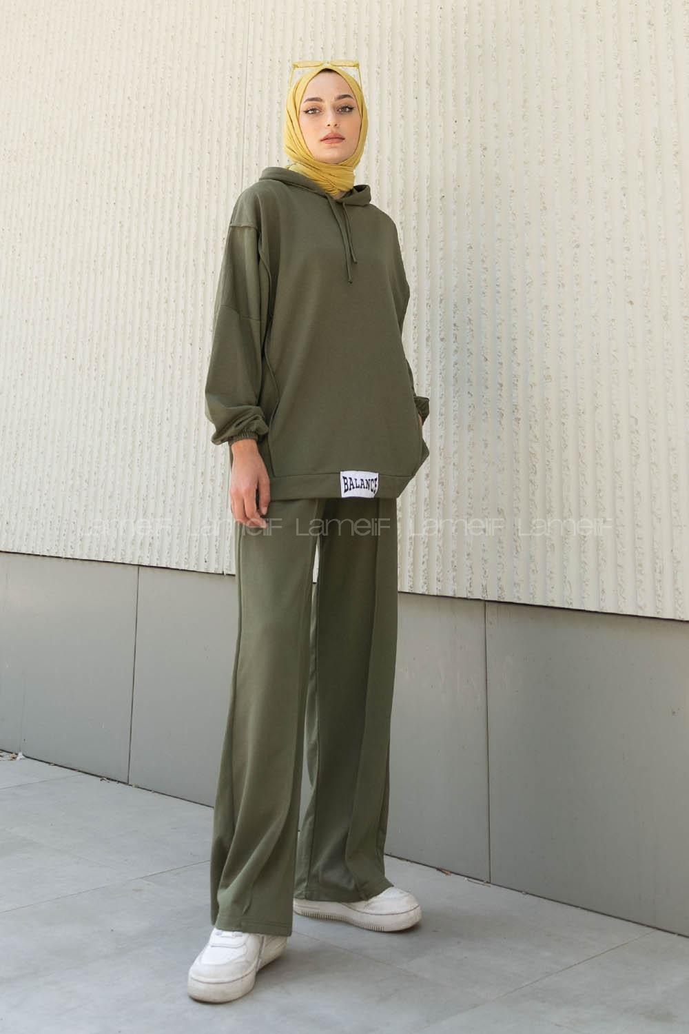 Lamelif Balance Armalı Çımalı İkili Tesettür Takım Haki