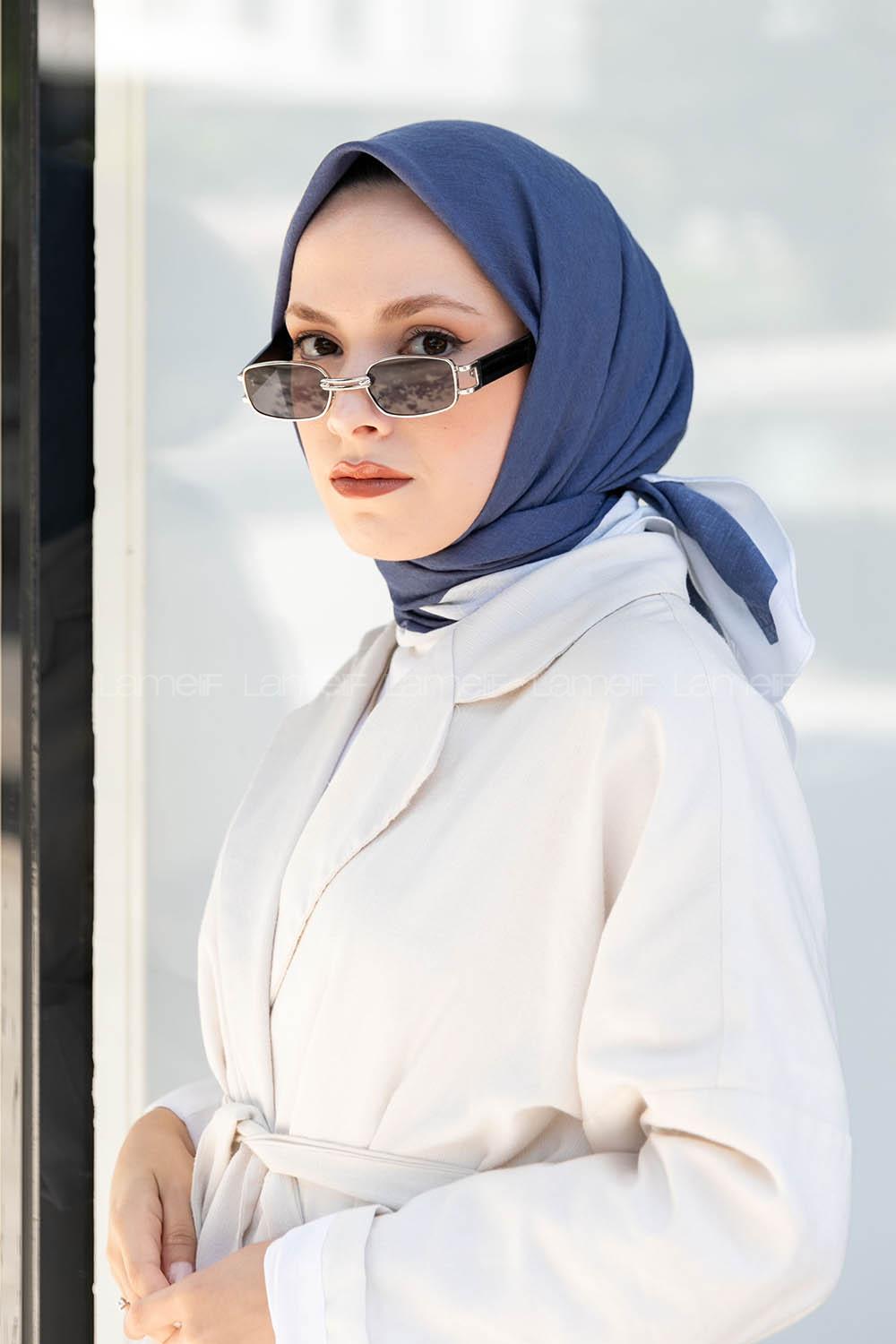 Lamelif Monoğram Eşarp İndigo-Ekru