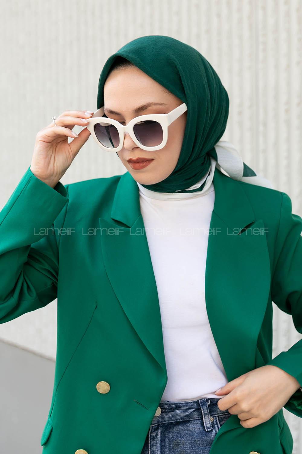 Lamelif Monoğram Eşarp Zümrüt-Beyaz