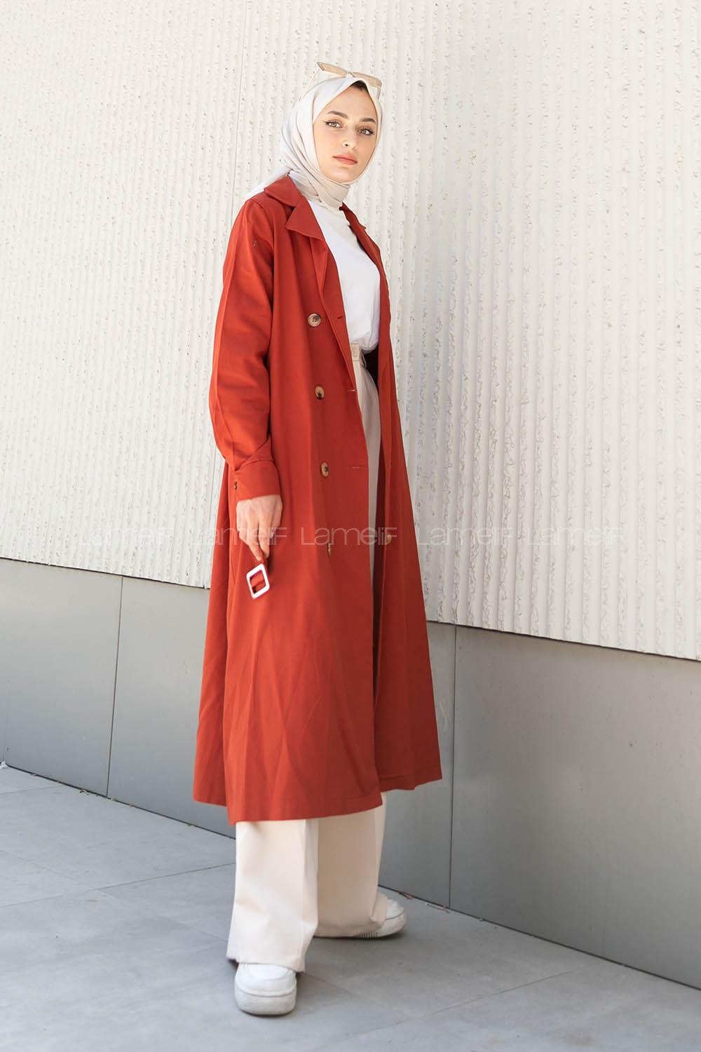 Modalamelif Önü Düğmeli Belden Bağlamalı Trenç Kiremit