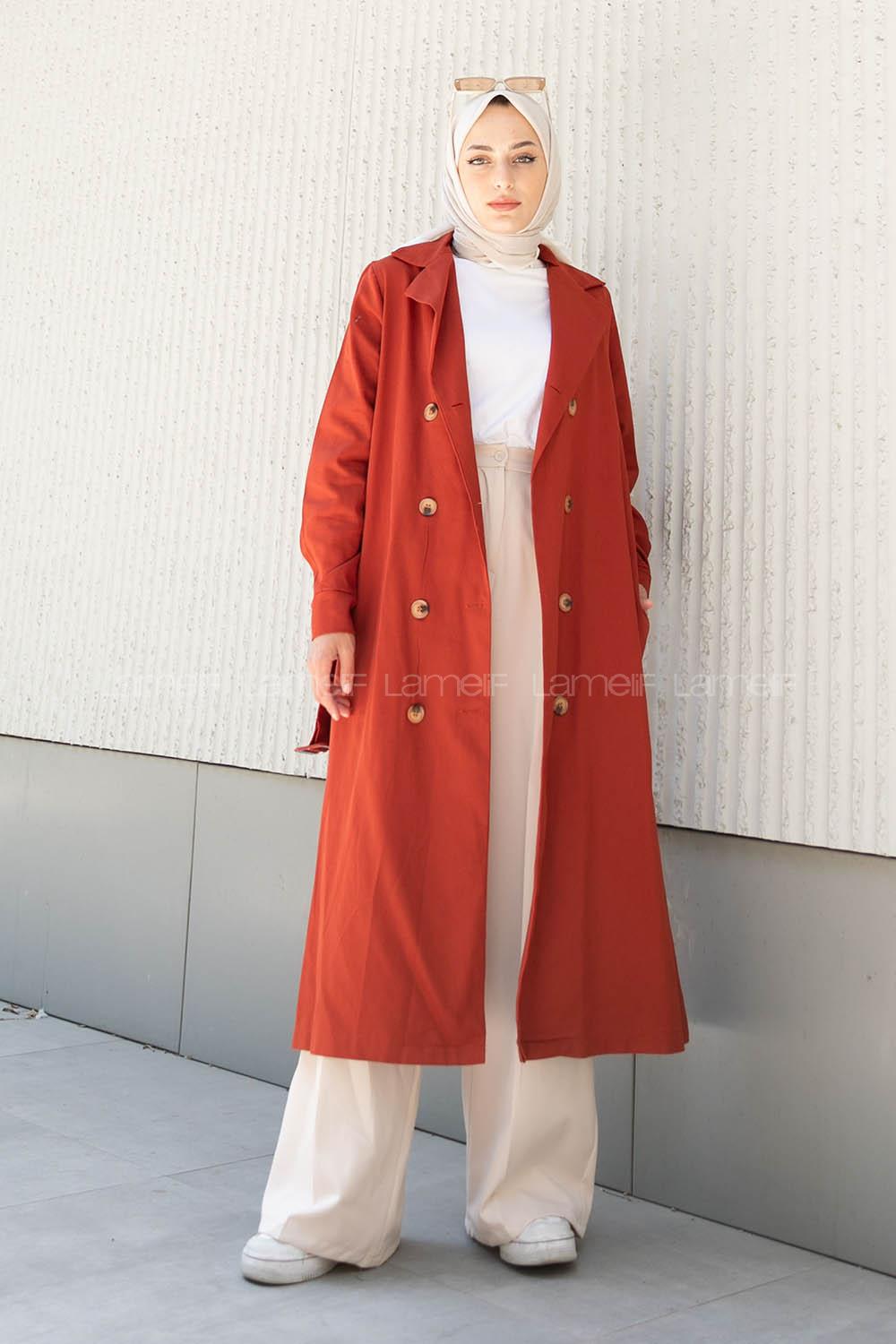 Modalamelif Önü Düğmeli Belden Bağlamalı Trenç Kiremit