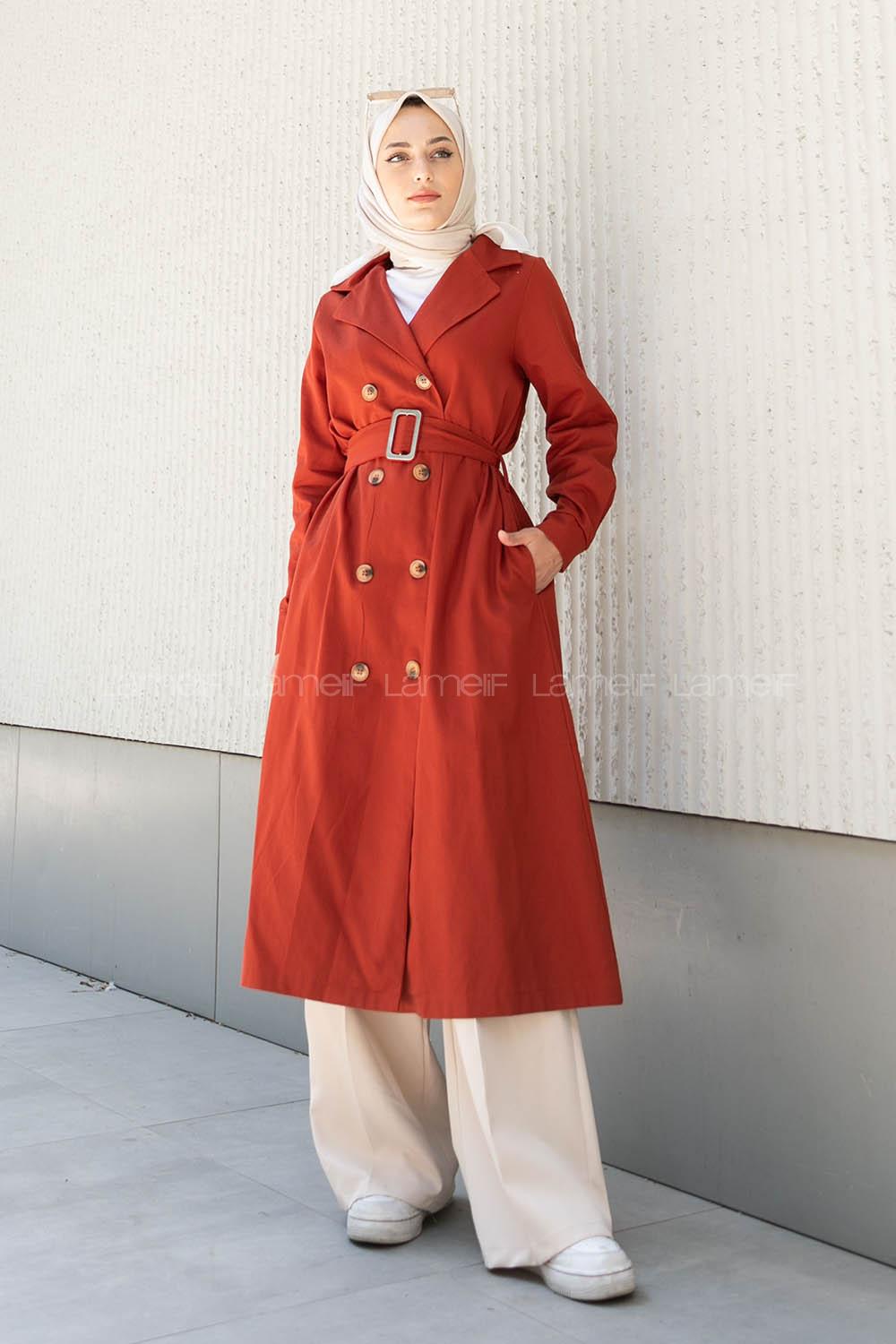 Modalamelif Önü Düğmeli Belden Bağlamalı Trenç Kiremit