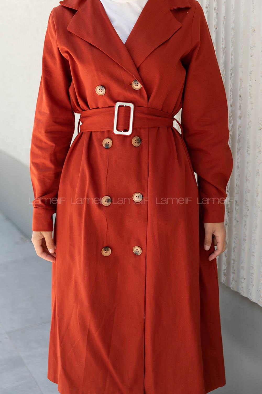 Modalamelif Önü Düğmeli Belden Bağlamalı Trenç Kiremit