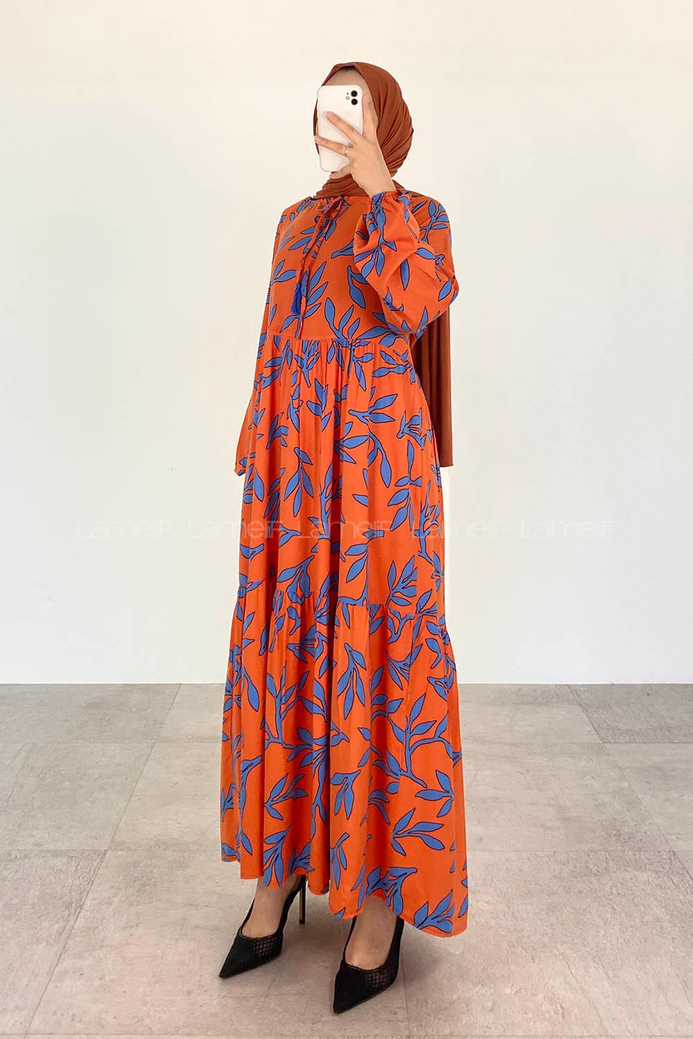 Orange Loose Crew Neck Viscose Fabric Printed Dresess