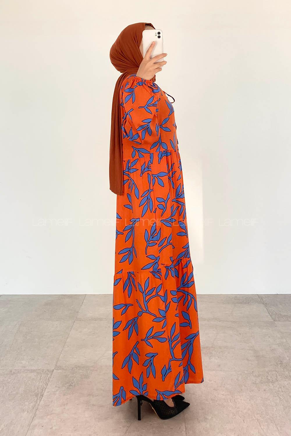 Orange Loose Crew Neck Viscose Fabric Printed Dresess