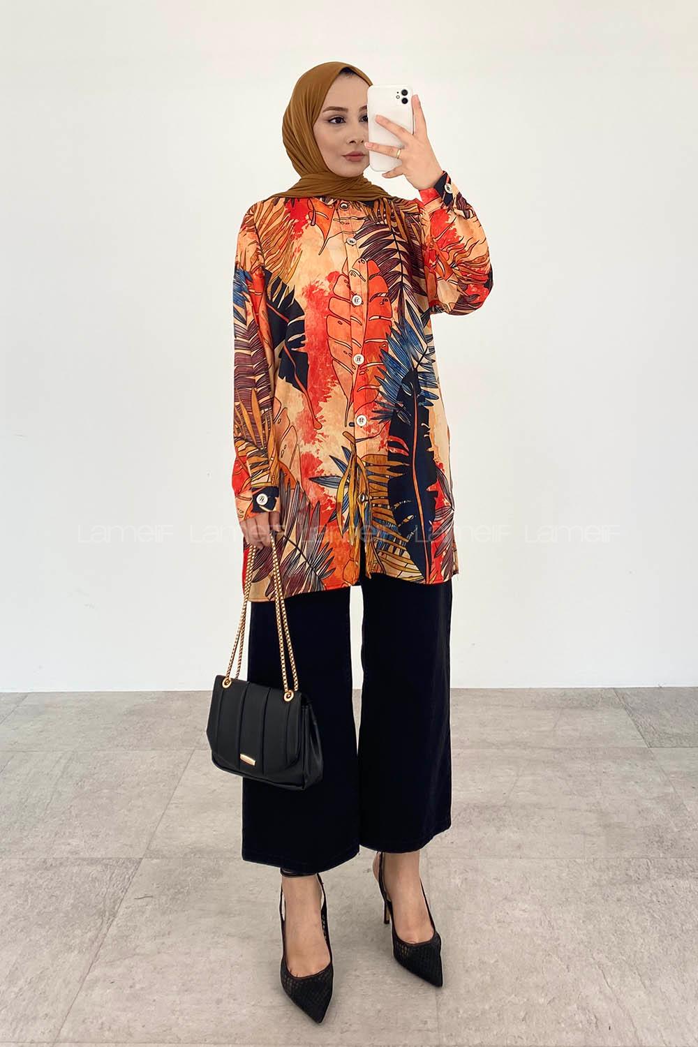 Modalamelif Yaprak Desen Dijital Baskı Gömlek Hardal Sarısı