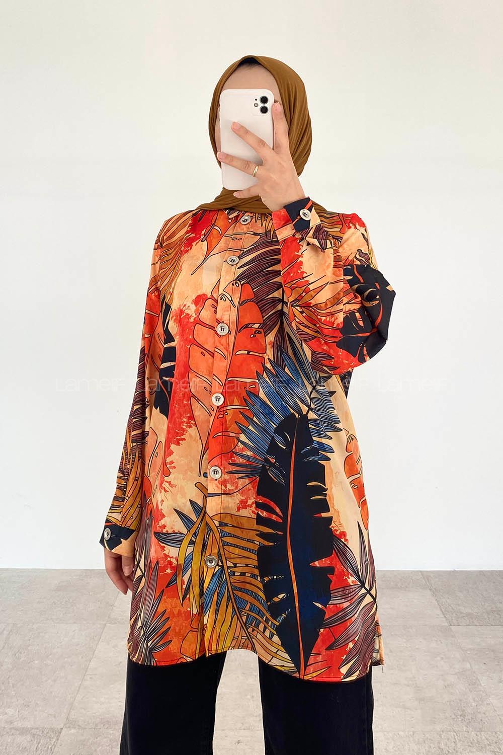 Modalamelif Yaprak Desen Dijital Baskı Gömlek Hardal Sarısı