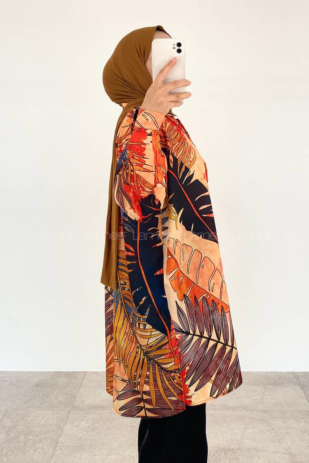 Modalamelif Yaprak Desen Dijital Baskı Gömlek Hardal Sarısı