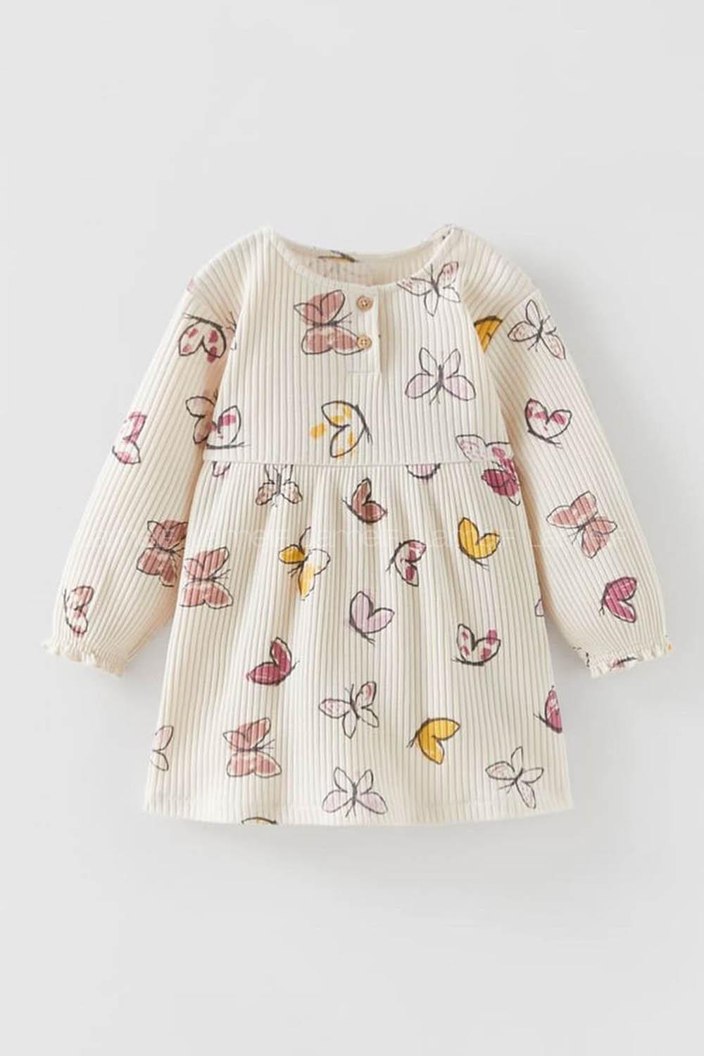 Cream Crew Neck Cotton Fabric Printed Dresess