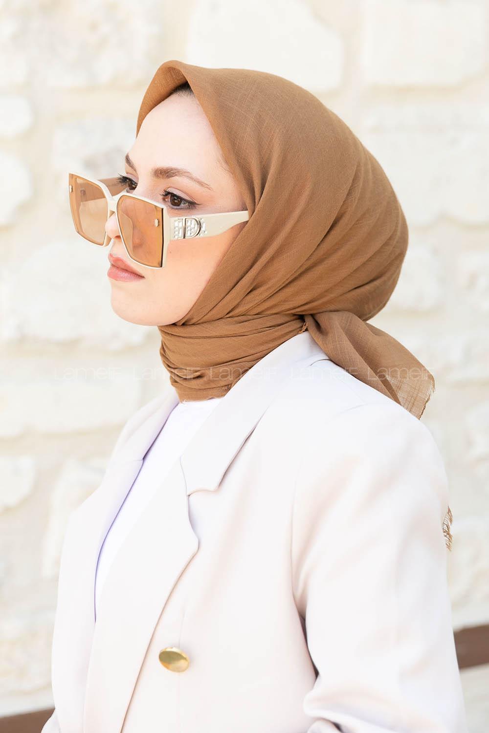 Lamelif Düz Flamlı Eşarp Koyu Bej