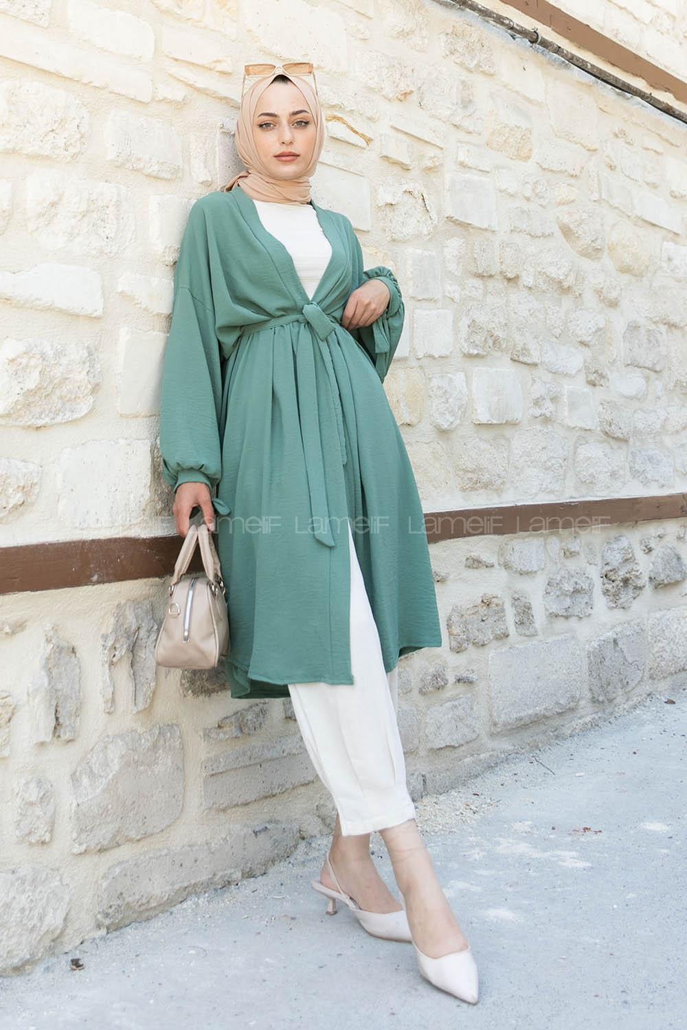 Plum Green Bat Sleeve Arm Without Accessories Viscose Fabric Straight Kimono