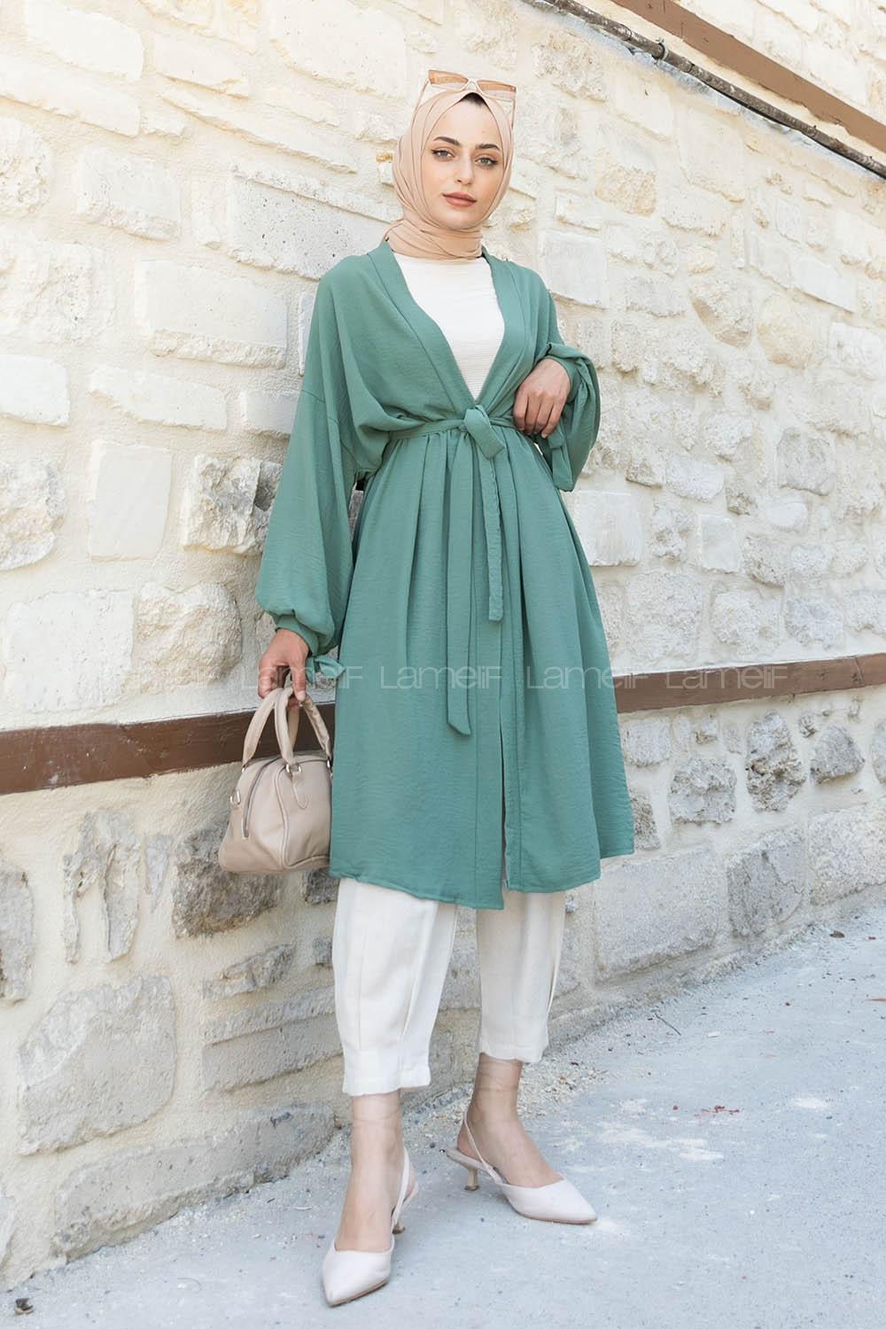 Plum Green Bat Sleeve Arm Without Accessories Viscose Fabric Straight Kimono