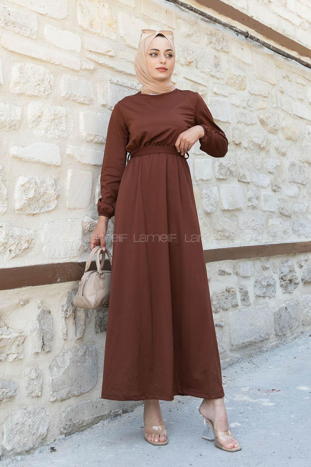 Bitter Brown Crew Neck Crepe Fabric Unprinted Dresess