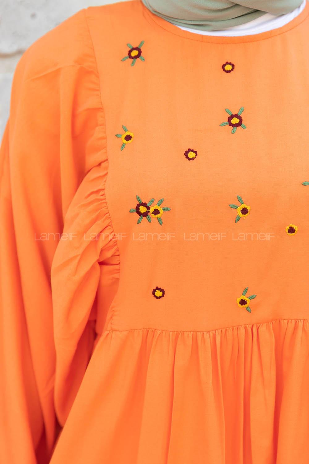 Modalamelif Nakış Detaylı Balon Elbise Oranj