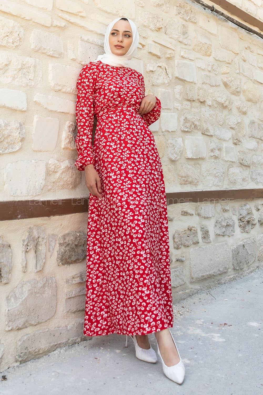 Modalamelif Orkide Desen Efil Elbise Kırmızı