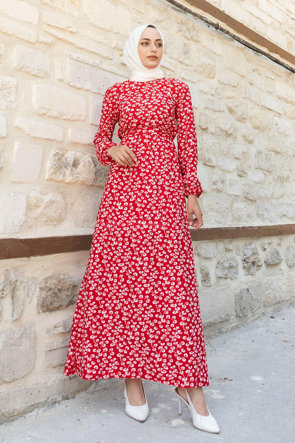 Modalamelif Orkide Desen Efil Elbise Kırmızı