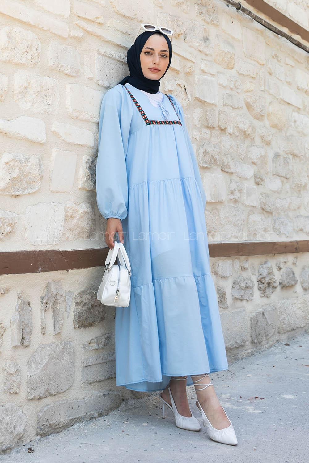 Baby Blue V Neck Cotton Unprinted Dresess