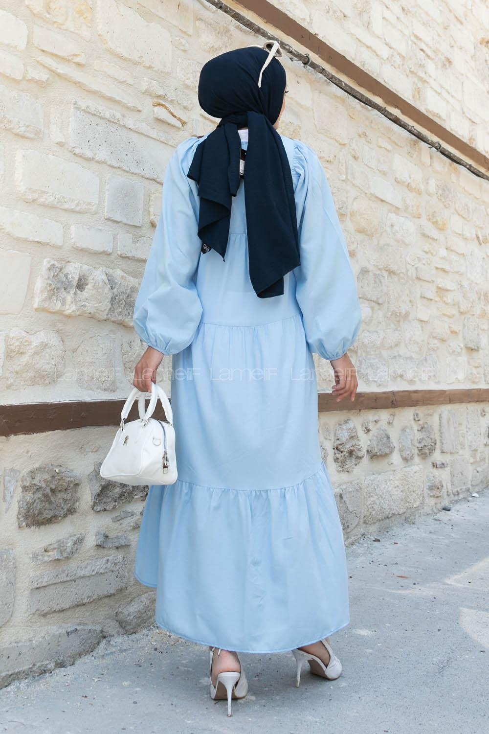 Baby Blue V Neck Cotton Unprinted Dresess