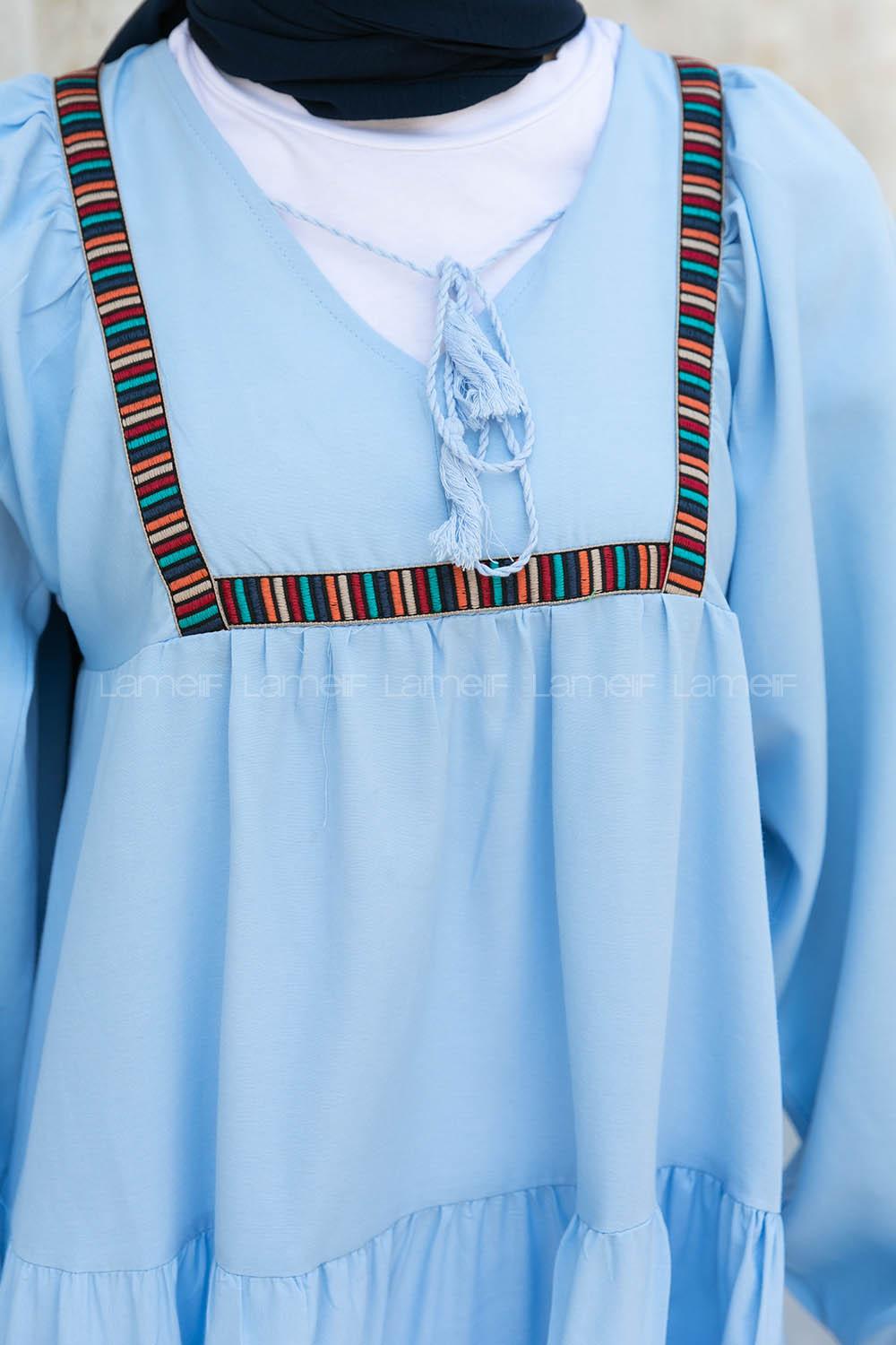 Baby Blue V Neck Cotton Unprinted Dresess