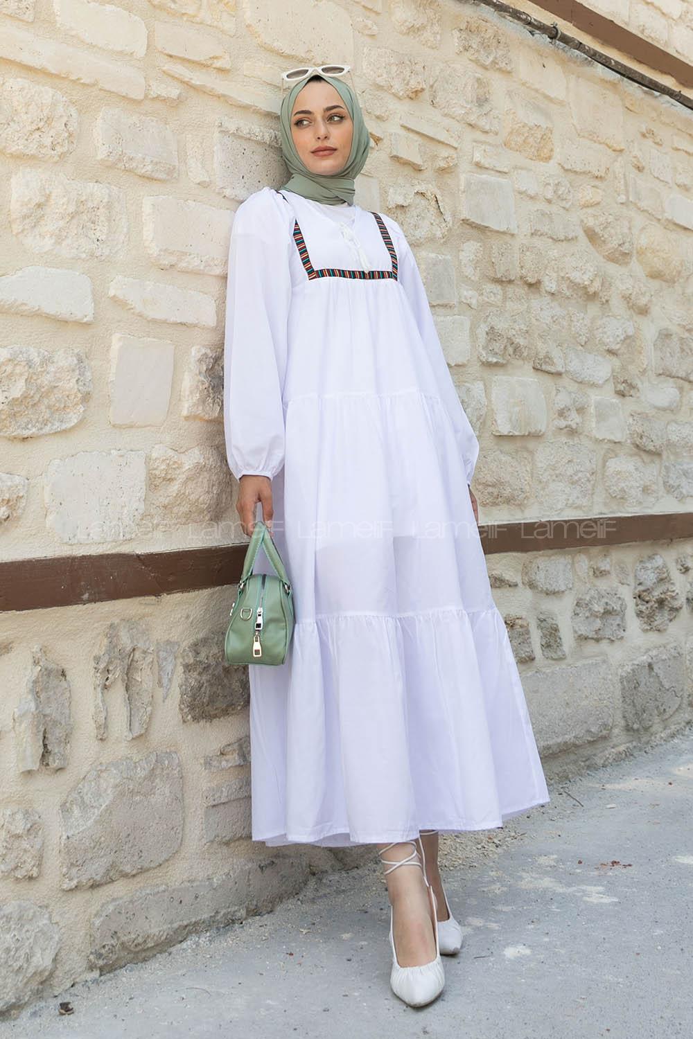 White-1 V Neck Cotton Unprinted Dresess