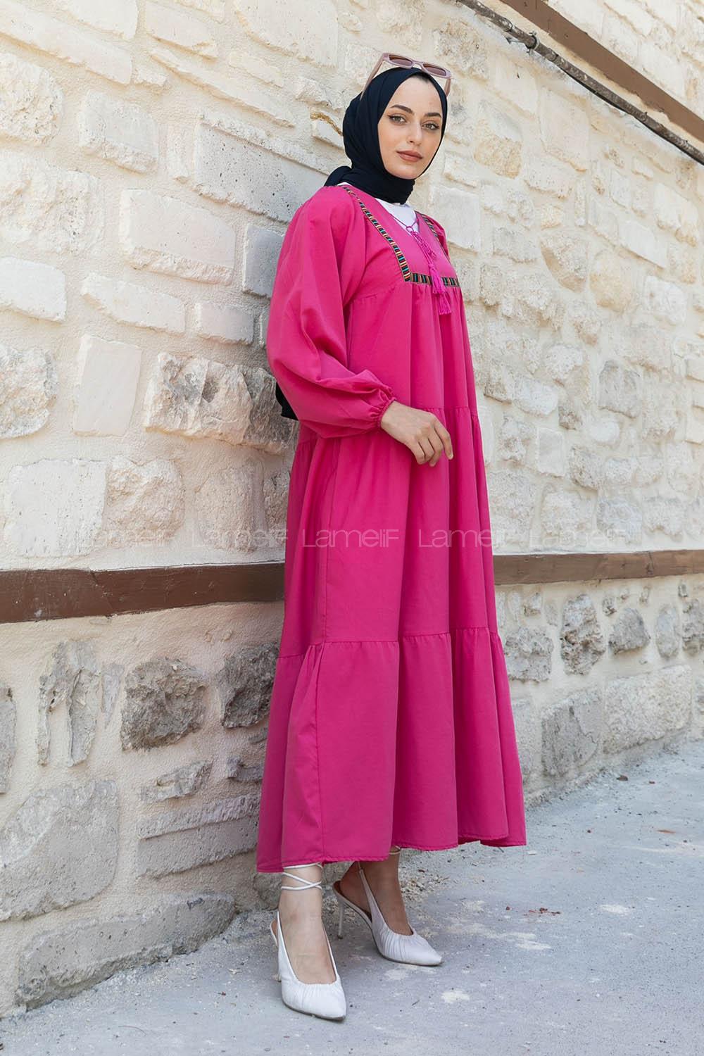 Fuchsia V Neck Cotton Unprinted Dresess