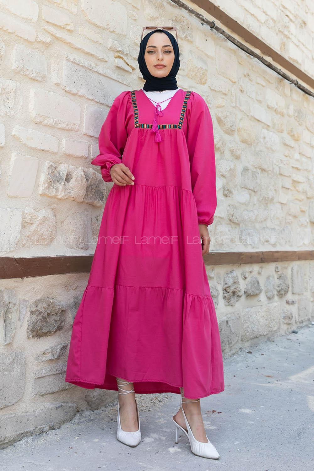 Fuchsia V Neck Cotton Unprinted Dresess