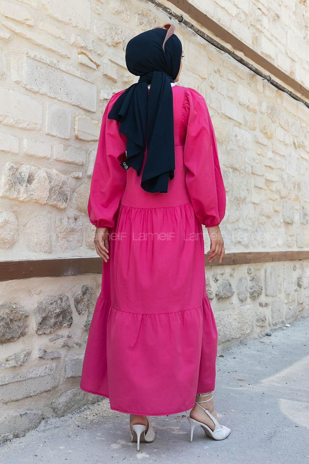 Fuchsia V Neck Cotton Unprinted Dresess