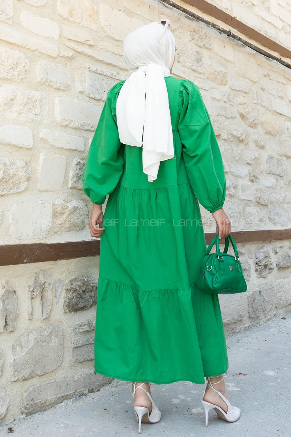 Dark Green V Neck Cotton Unprinted Dresess