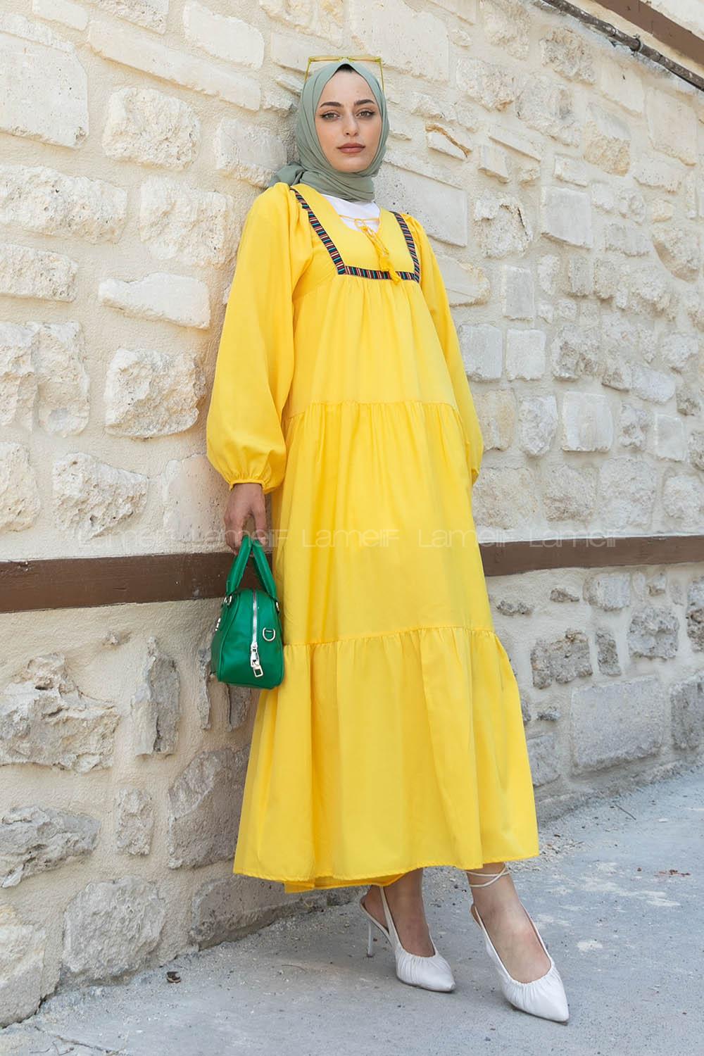 Yellow V Neck Cotton Unprinted Dresess