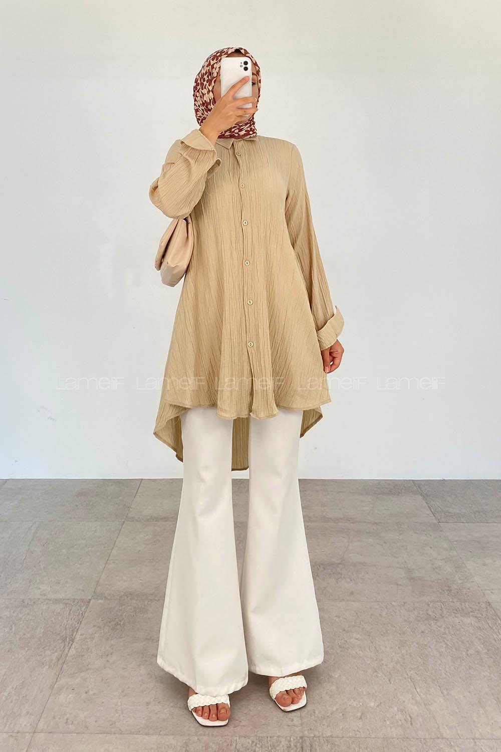 Beige Shirt Collar Long Arm Cotton Printed Shirt