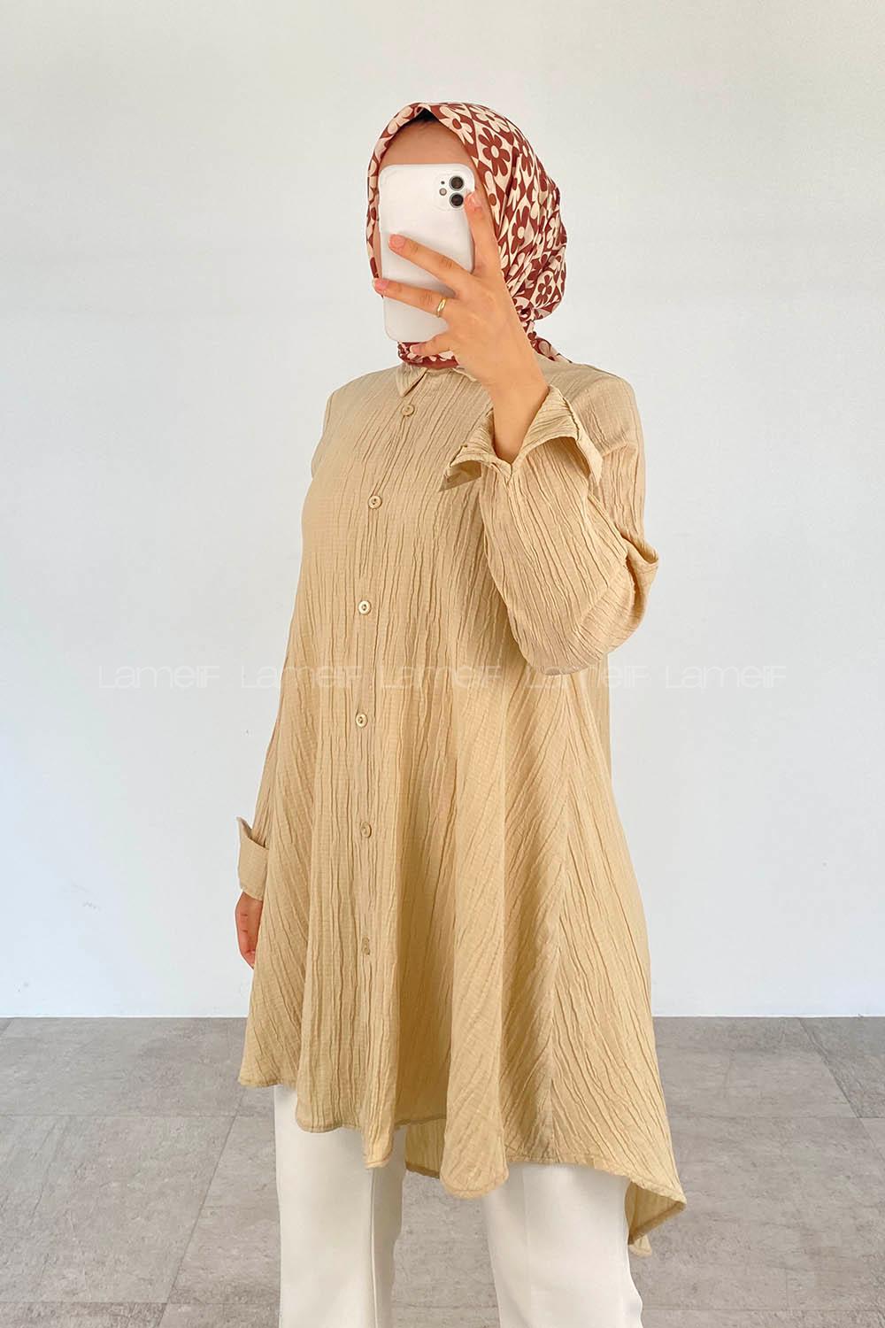 Beige Shirt Collar Long Arm Cotton Printed Shirt