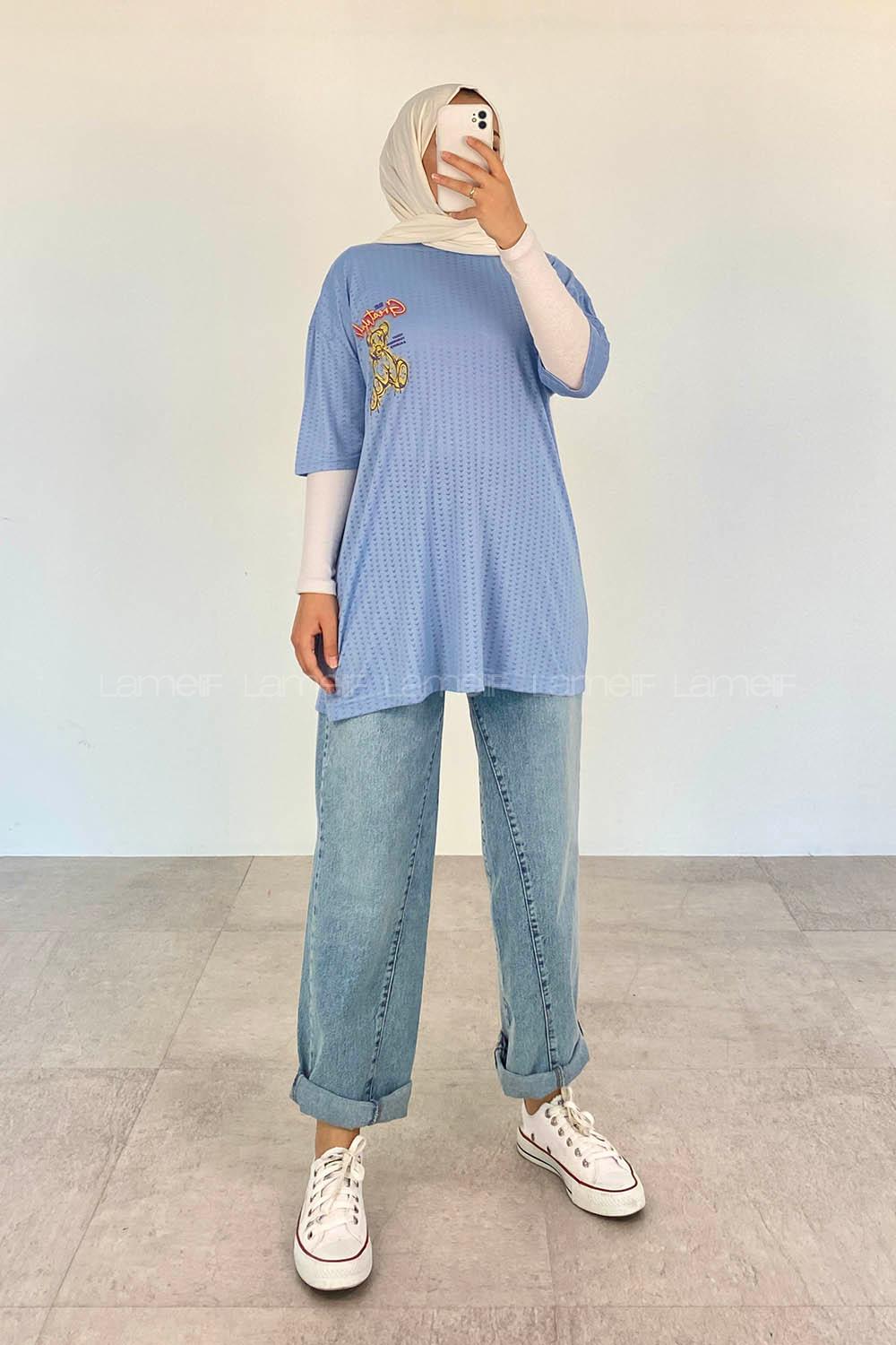 Light Blue Crew Neck Short Arm Cotton Printed T-shirt