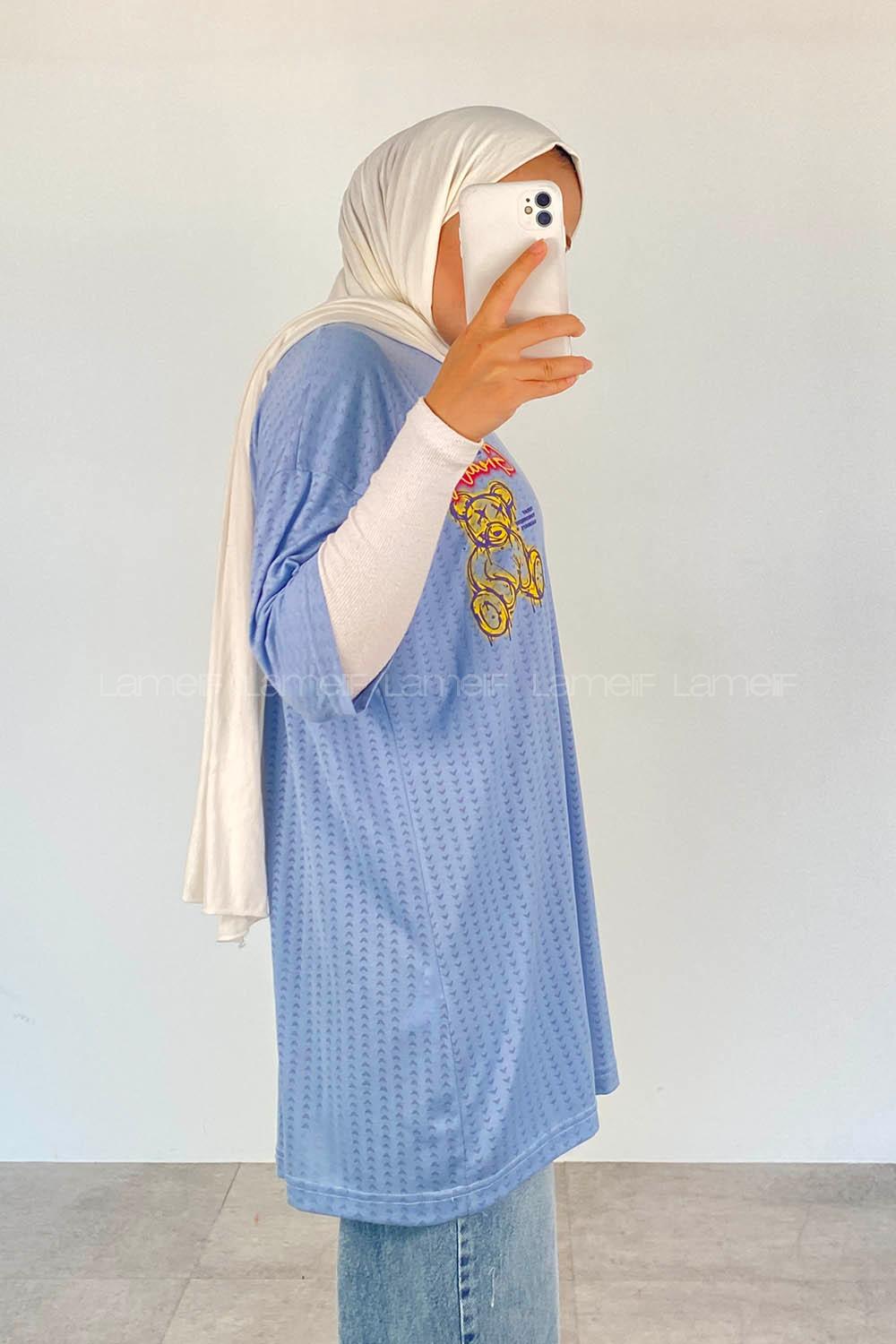 Light Blue Crew Neck Short Arm Cotton Printed T-shirt