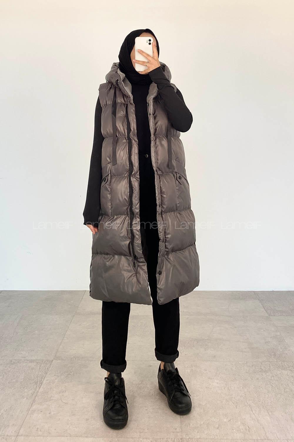 Modalamelif Kapüşonlu Çift Cepli Fermuarlı Şişme Mont Yelek Gri